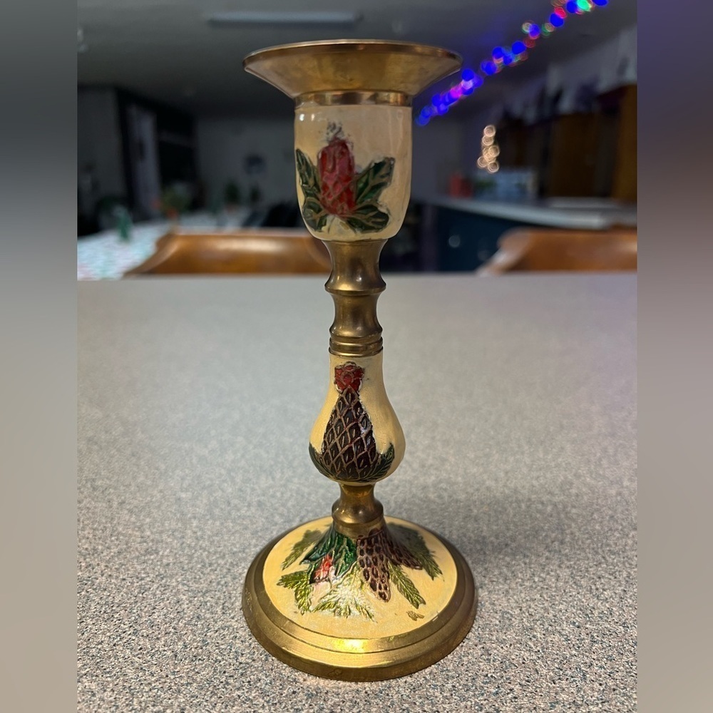 Vintage Floral Cloisonne Enamel Brass 6" Candlestick Holder